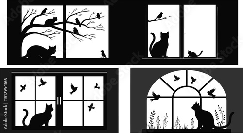 Cat window silhouette illustration, black and white artwork, curious feline design, nature observation scene, birds and mouse interaction, decorative graphic