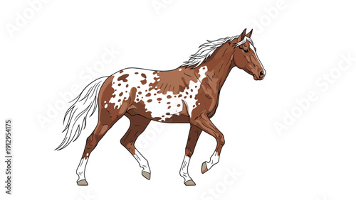 Brown and white Appaloosa horse with distinctive spots trotting gracefully with its mane and tail flowing against a white background.