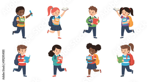 Collection of diverse school children in uniforms carrying backpacks and holding books while running happily to class.