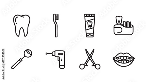 Dental Care Icons Set: Toothbrush, Paste, Drill, Mirror, Scissors, Mouth, Tooth
