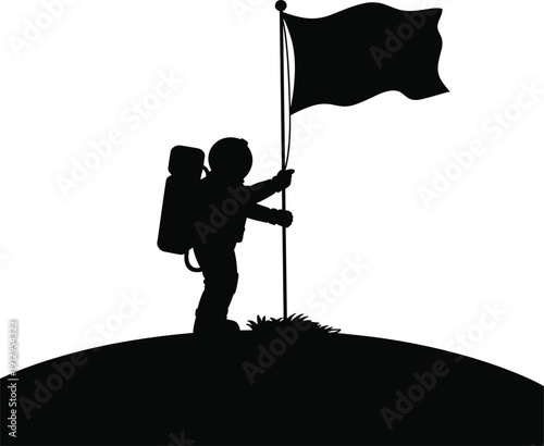 Astronaut silhouette planting flag on planet surface, space explorer achievement concept, cosmonaut mission success, isolated black spaceman figure with waving flag on white background.