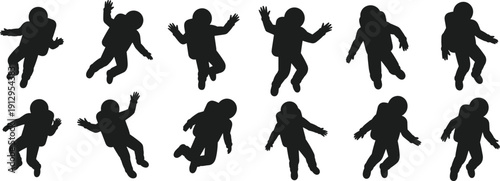 Astronaut silhouette set floating in zero gravity, spaceman and cosmonaut spacewalk poses collection, isolated black figures bundle, outer space explorer actions on white background.