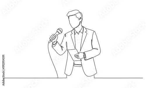 Reporter holding microphone illustration in continuous one line drawing. News reporter broadcasting concept in a minimalist vector art style.