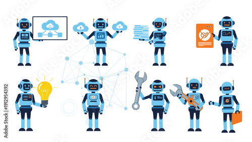 Diverse set of blue robotic characters performing various tasks like presenting, repairing, and carrying objects for tech themes.