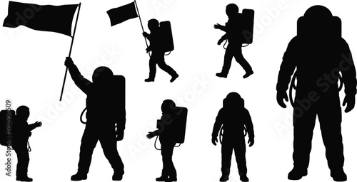 Astronaut silhouette set with flag waving poses, spaceman and cosmonaut space exploration collection, isolated black spacewalk figures bundle for sci fi mission design on white background.