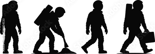 Astronaut silhouette set working on planet surface, spaceman walking, digging and carrying equipment, space exploration mission concept, isolated black cosmonaut figures on white background.