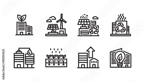 Eco-friendly city icons: renewable energy, sustainability, green buildings, agriculture, recycling