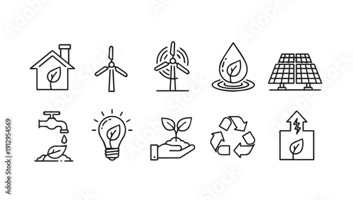 Eco-Friendly Energy Icons Set: Renewable Resources and Sustainability Symbols
