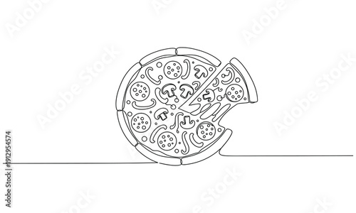 Minimalist line art of pizza slice with pepperoni toppings. food related publications, or contemporary kitchen decor applications.