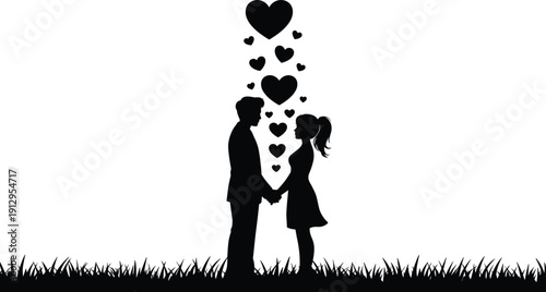 Romantic couple silhouette illustration featuring hand‑holding pose with decorative hearts symbolizing love, intimacy, affection, and relationship graphics for Valentine’s Day and romance themes