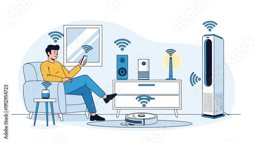 Man uses a smartphone to control various smart home appliances in a living room, illustrating a connected internet of things ecosystem.