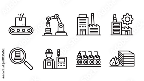 Factory Production Icons: Automation, Manufacturing, Quality Control, and Logistics