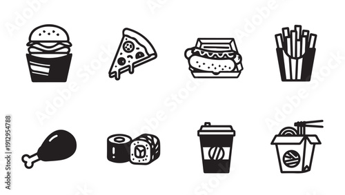 Fast Food Icons: Burger, Pizza, Hot Dog, Fries, Chicken, Sushi, Coffee, Noodles