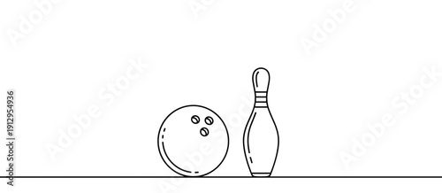 Bowling ball and pin, minimalist line art, isolated on white background, copy space