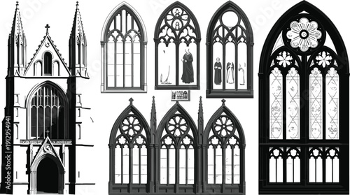 Gothic church facade illustration, pointed arches, stained glass windows, architectural artwork, medieval design, religious icons, tracery patterns, historical decorative composition