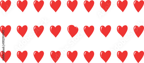 Red heart icons pattern set with simple glossy love symbols arranged in rows for Valentine’s Day, romance, social media, and decorative design projects