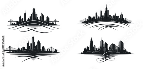 City skyline silhouettes, modern style, black color, abstract designs, copy space