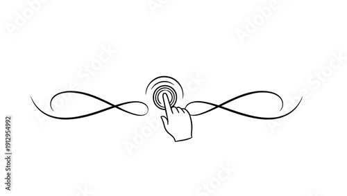 Hand pressing a button with decorative swirls in monochrome design