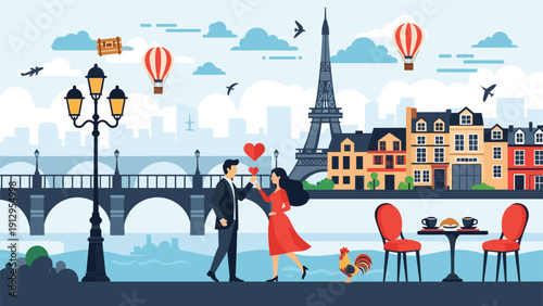 Romantic illustration shows a couple standing near the Seine river with the Eiffel Tower and Parisian cafes in the background on a sunny day.