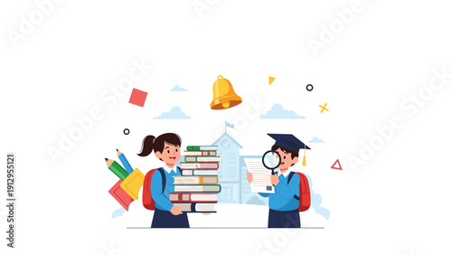 Two young students in school uniforms are busy studying with one holding a tall stack of books and the other using a magnifying glass.