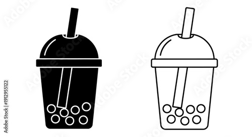 Two bubble tea drinks with straws and bubbles, black and white illustration Vector