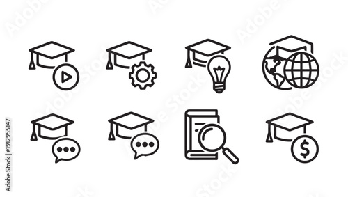 Graduation Cap Icons Representing Education Concepts - Stock Line Art