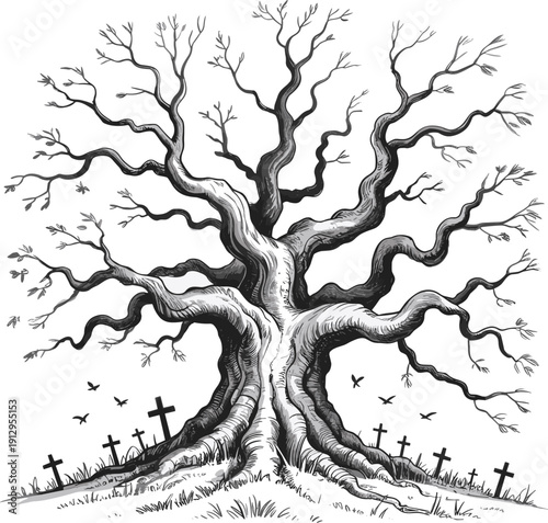 Haunted graveyard tree illustration, twisted branches, eerie leafless silhouette, flying birds, spooky cemetery crosses, dark fantasy nature, death decay remembrance