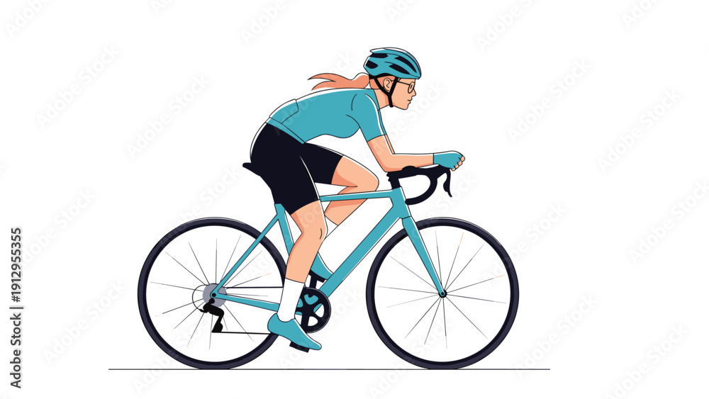 Obraz premium Female athlete in professional cycling gear and a blue helmet rides her road bike with focus and determination on a white background.