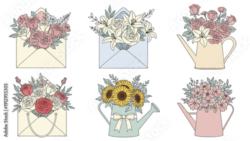 Charming set of floral arrangements shows bouquets of roses, lilies, and sunflowers tucked into envelopes and vintage watering cans.