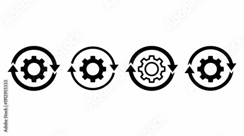Four interconnected gears with circular arrows illustrating a continuous workflow, automation, and industrial process optimization in a high-contrast vector illustration.