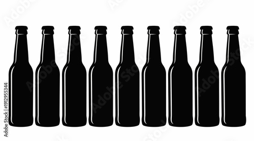Row of dark glass bottles aligned in a straight line on a white background