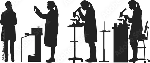 Laboratory scientist silhouettes set with microscope and test tubes, medical research people working in chemistry lab, experiment concept isolated on white background vector.