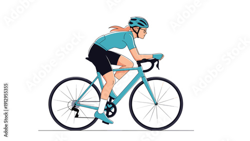 Female athlete in professional cycling gear and a blue helmet rides her road bike with focus and determination on a white background.