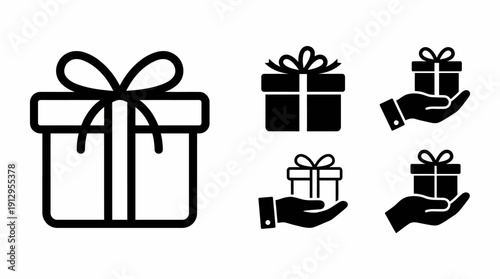 Gift box icon set: black-and-white vector illustration of wrapped presents with bows, including smaller gift icons for celebrations, holidays, packaging and design projects.