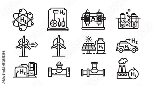 Hydrogen Energy Icons Set: Atom, Turbine, Solar, Car, Factory, Pipeline