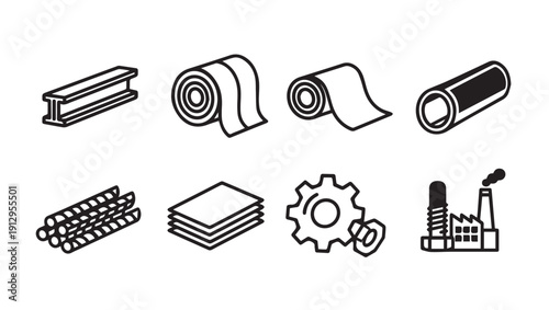 Industrial Materials Icons: Steel Beam, Rolls, Pipes, Rebar, Sheets, Gears, Factory