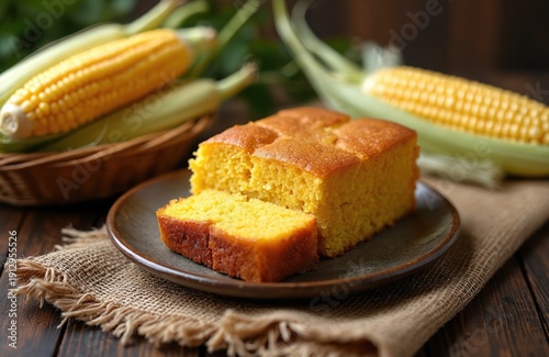 Yellow cornbread cake sits on rustic table with corn cobs. Baked sweet bread cut into squares for dessert or snack. Food photography for recipe or cafe menu.