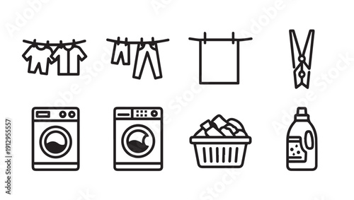 Laundry Icons Set: Washing Machines, Clothesline, Basket, Detergent, Clothespin