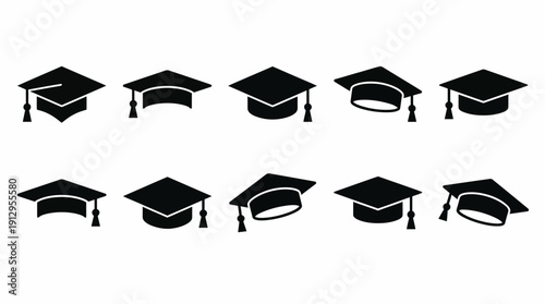 Row of black mortarboard graduation caps with tassels, a minimalist icon set symbolizing graduation, academic achievement, and higher education.