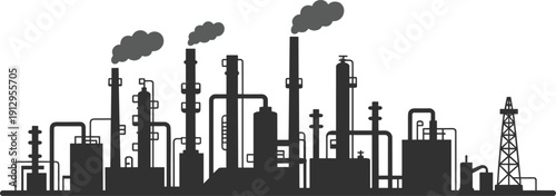 Oil refinery industrial plant silhouette with smoke stacks, towers, pipelines and storage tanks, petroleum processing factory landscape isolated on white background vector illustration.