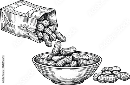 Detailed black‑and‑white vintage style illustration of paper bag pouring peanuts into bowl, hand‑drawn etching design for food packaging, snack branding, and retro artwork concepts.
