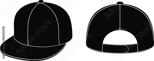 Silhouette illustration of baseball cap front and rear views with rounded crown, flat brim, and adjustable strap for fashion, apparel, and design themes