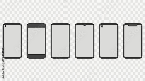 Seven modern smartphone icons in a row with blank screens, vector UI mockup for app design and web visuals