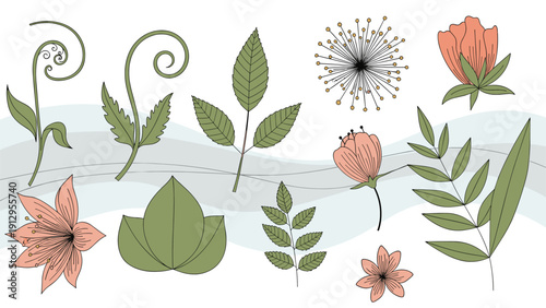 Assortment of hand drawn botanical elements like leaves and delicate pink flowers are scattered across a soft gray background.