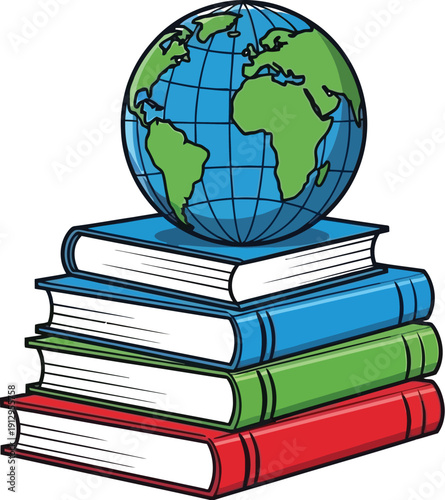 Globe on Stack of Colorful Books, Education and Global Learning Theme