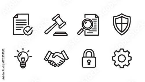 Legal Business Icons: Contract, Gavel, Magnifying Glass, Shield, Idea, Handshake, Lock, Gear