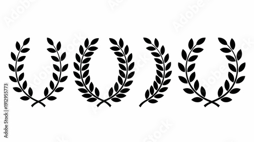 Set of four black laurel wreath icons in a row, versatile award emblems for certificates, logos, branding and achievement visuals