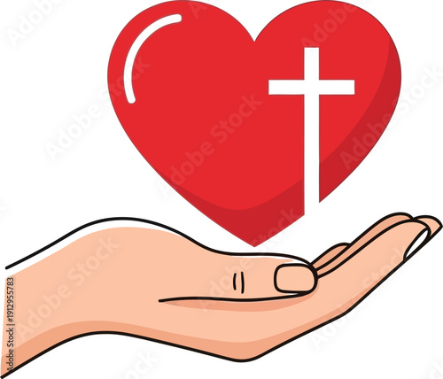 Red heart with a Christian cross on a hand, faith and love concept