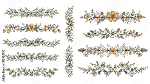 Beautiful set of horizontal floral dividers and page breaks in an elegant vintage style with muted yellow and green tones.