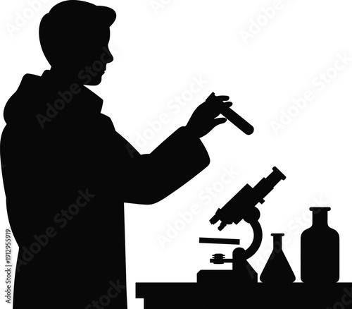 Scientist silhouette working in laboratory with microscope and test tube, chemistry research concept, medical experiment equipment on table isolated on white background vector illustration.